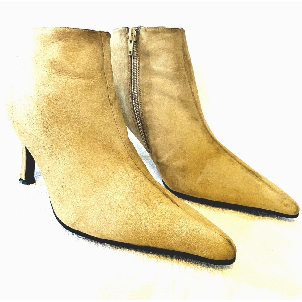 Manfield UK Suede Ankle Boots Pointy High Heel 6.5 Tan Zipper Preppy Hippie Boho